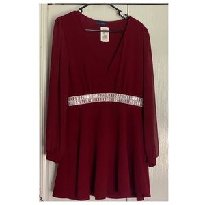 Agaci Burgandy/Wine Long Sheer Sleeves, Short Dress